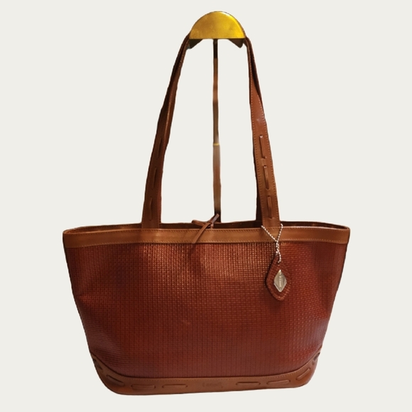 i Santi Cognac Italian Leather Tote with Textured Finish and Long Handles - Picture 1 of 16